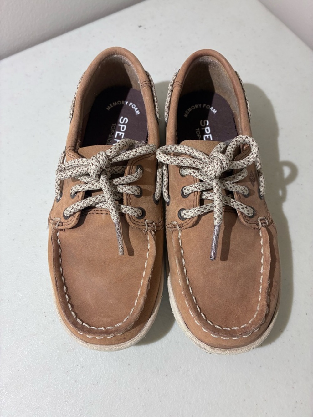 Sperry Brown Kids Leather Moccasin-Style Boat Shoes with Patterned Laces
